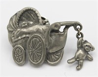 VINTAGE LCD PEWTER BABY CARRIAGE BROOCH
