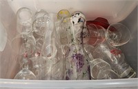 Plastic Bin, Lid, Misc. Glassware