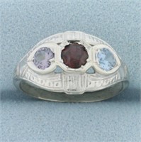 Garnet, Blue Topaz, and Sapphire Deco 3 Stone Ring