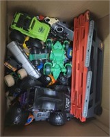 BOX OF ASSORTED TOYS, TRUCKS CARS, MISC