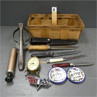 Basket of Assorted Knives, Alarm Clock, Emblems