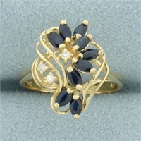 Sapphire and Diamond Swirl Spray Design Ring in 14
