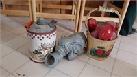 Apples in basket, metal can & elephant down spout