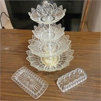 Vintage 4-Tiered glass serving Dish & Butter Dish