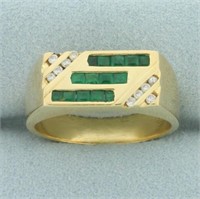Mens Emerald and Diamond Ring in 18k Yellow Gold