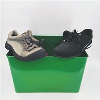 Metal Bin of Tennis Shoes Nike, Fubu, Keen