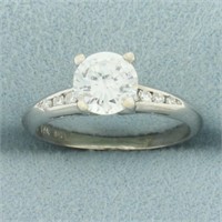 CZ and Diamond Engagement Ring in 14k White Gold