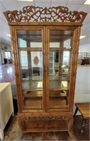 CURIO CABINET, BEVELED GLASS, CARVED CROWN