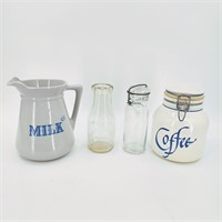 Vintage Milk Jug Pint Bottles & Coffee Canister