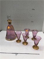 Pink Glass Liquor Bottle & Glasses