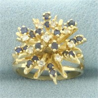 Sapphire and Diamond Flower Design Ring in 14k Yel
