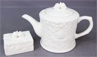 Glazed Porcelain Teapot & Sugar Packet Box / 2 pc