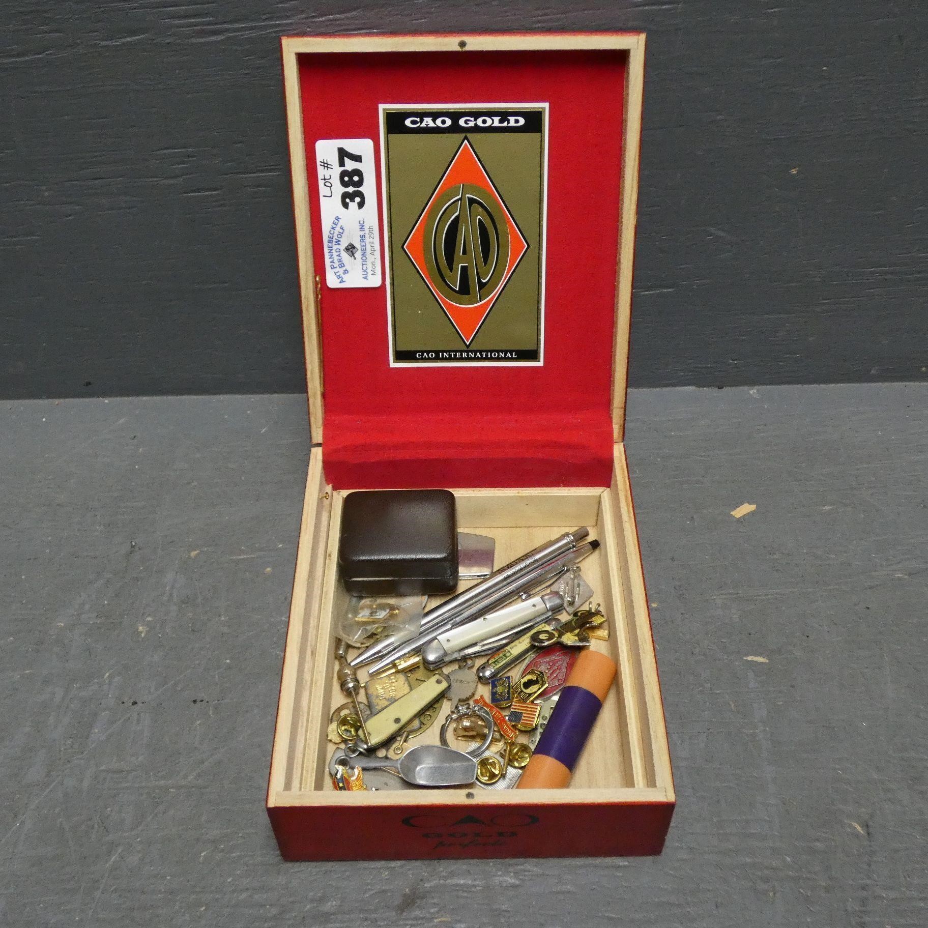 Cigar Box of Assorted Pins, Pocket Knives, Pens