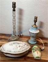 Two lamps, ceramic flower wall pocket, dinnerware