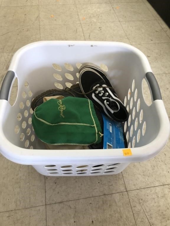 Laundry Basket of Shoes& Belts - Nike Slides, Dc