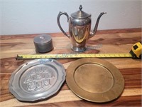 Pewter w. German wall plate, music box, teapot