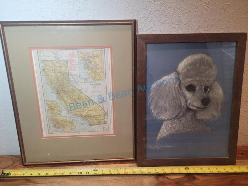 Old California atlas map and poodle painting