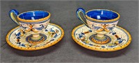 2 Italy Pottery Blue Demitasse Cups And Saucers A