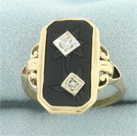 Antique Flower Etched Onyx and Diamond Ring in 10k