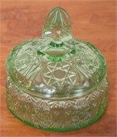 Green depression glass jar, 4 x 5