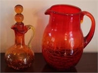 Vintage crackle glass cruet & pitcher