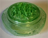 Green Depression glass vase pot w/ frog