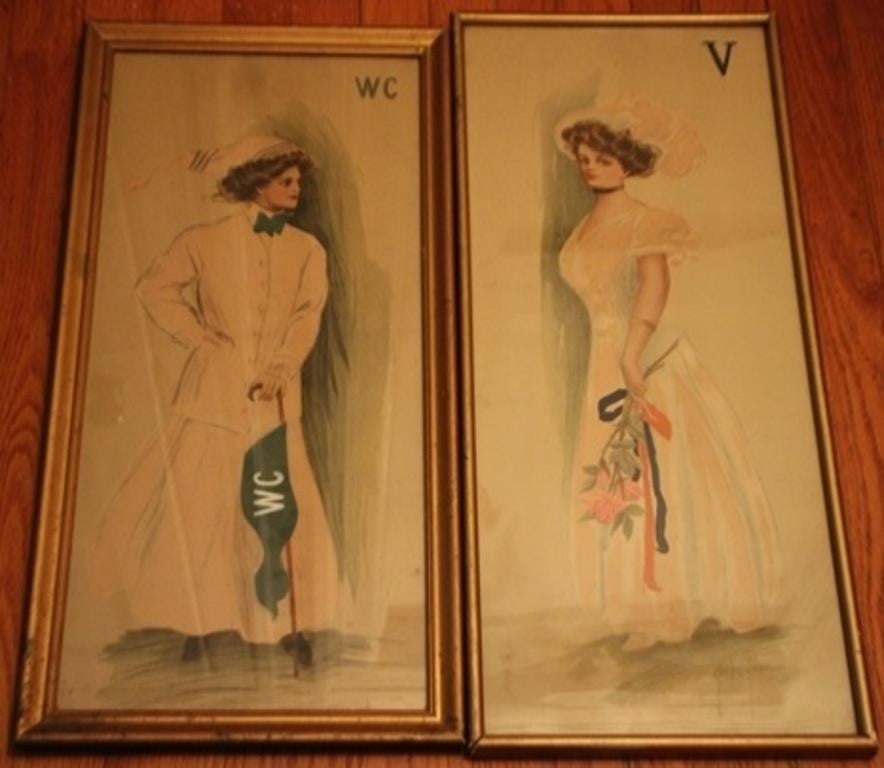 Pair vintage fashion framed prints, 24 x 11.5
