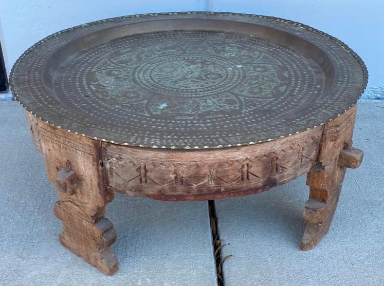 1800s Oriental Tea Table w/ Brass Tray Top