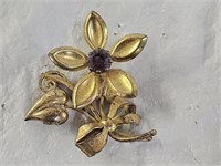 Vintage Sterling Silver Amethyst Floral Brooch