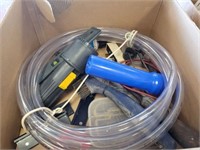 BOX OF TOOLS, HOSE, MISC