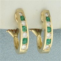 Emerald and Diamond J-Hoop Earrings in 14k Yellow
