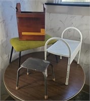 Small stools, wooden magazine rack, shelf