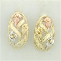 Tri Color Flower Design Diamond Cut Earrings in 10
