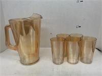 Amber Carnival Glass Pitcher and Cups