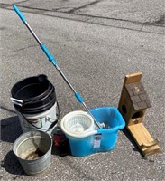 mop, buckets, animal feeder