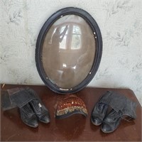 Early 20th century wall frame, shoes/feathered hat