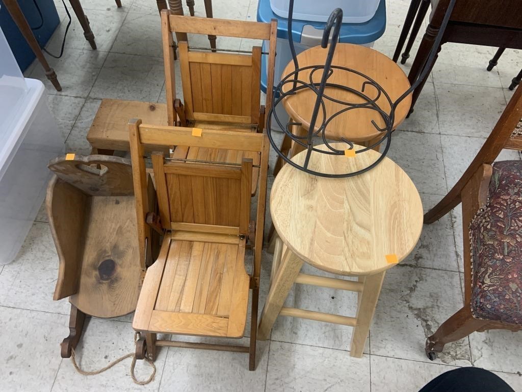 2 Wooden Stools, 2 Kids Folding Chairs, & Misc