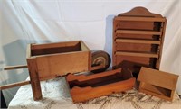 Wooden plant wheelbarrow, spice rack, doll cradle,