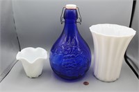 Italian Cobalt Embossed Bottle & Milk Glass Vases