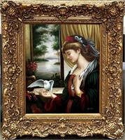 Gilt Frame Painting of Girl & Bird