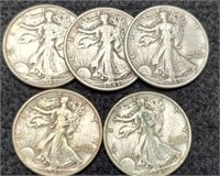 (5) 1943 Walking Liberty Half Dollars