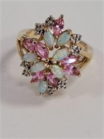 SZ 7 925 RING GOLD OVERLAY OPAL AND PINK SAPPHIRES
