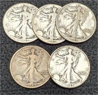 (5) 1943-D Walking Liberty Half Dollars