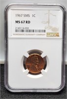1967 Slab Lincoln Cent SMS NGC MS67 RD