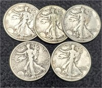 (5) 1943 Walking Liberty Half Dollars