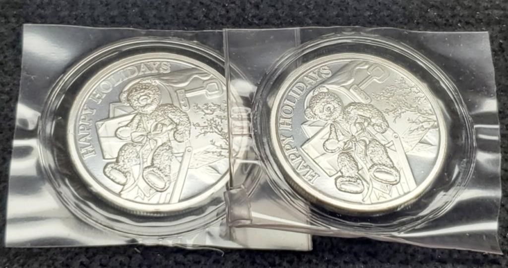 (2) 1 Troy Oz. Silver Rounds "Happy Holiday's"
