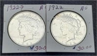(2) AU Peace Silver Dollars: 1922-P&D