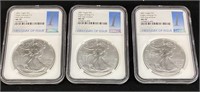 (3) 2021 SILVER AMERICAN EAGLES, T-2, 1st DAY