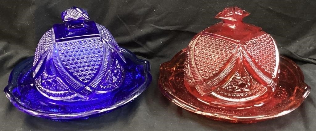 (2) RUBY GLASS & COBALT GLASS BUTTER DISHES,