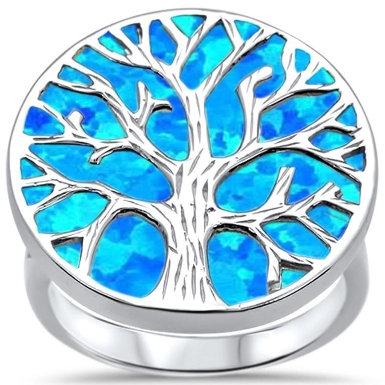 Silver Blue Opal Created Tree Of Life Ring